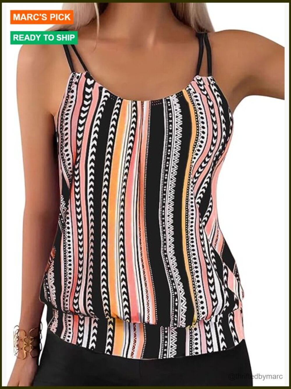 Blouson Tummy Control Tankini Swim Top Adjustable Straps Removable Pads
